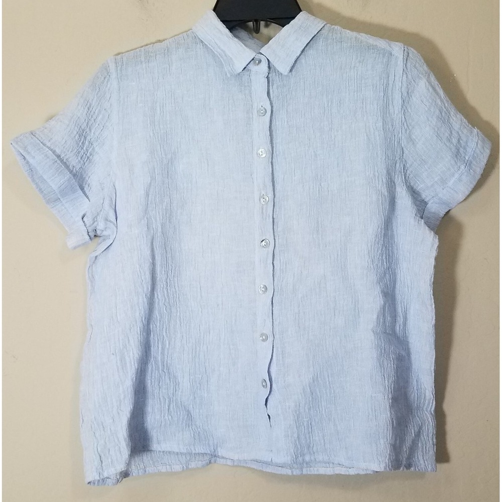 Tahari Top Women Medium M European Grown Flax Linen Lagenlook‎ Blouse Shirt Blue